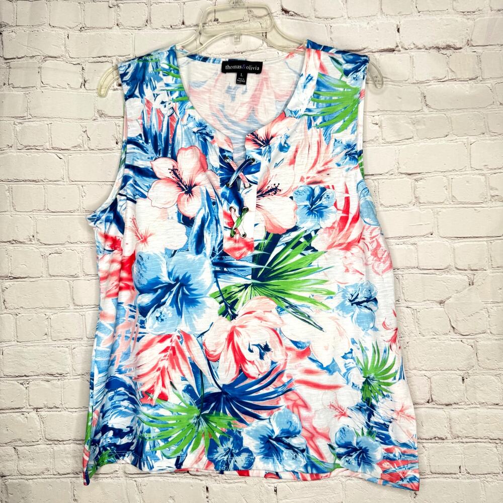 Thomas & Olivia Wms L Blue Pink White Tropical Floral Sleeveless Lace-up Top